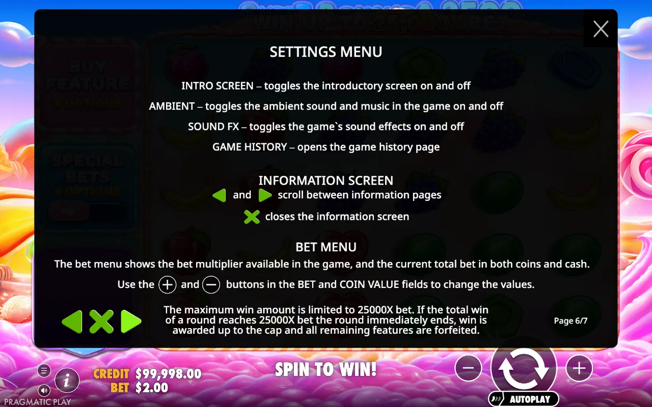 Settings menu — Sweet Bonanza 2500