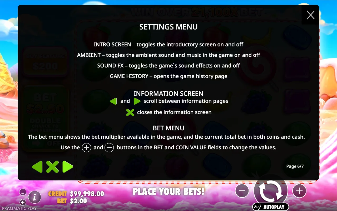 Settings menu — Sweet Bonanza