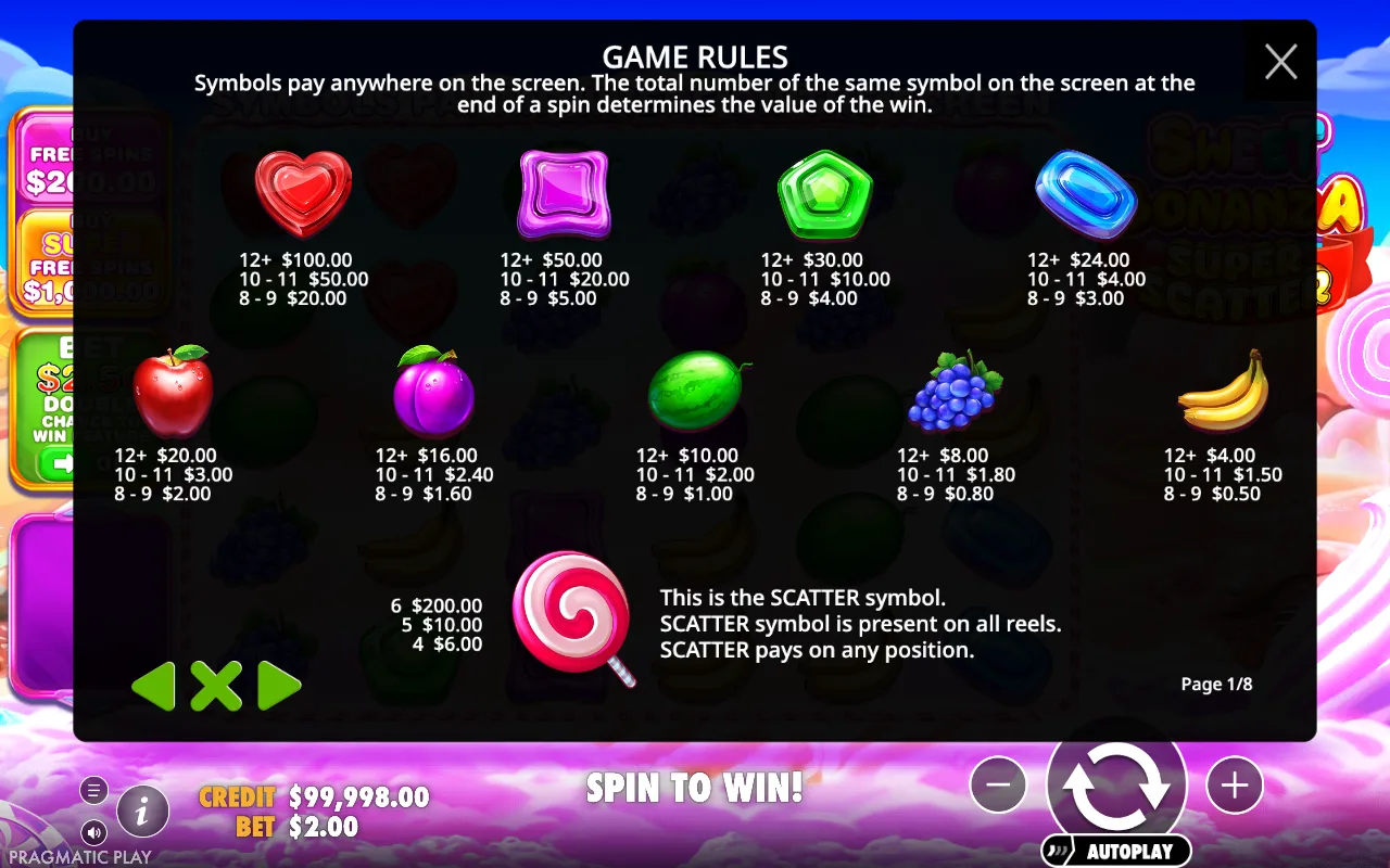 Game rules, page 1 — Sweet Bonanza Super Scatter