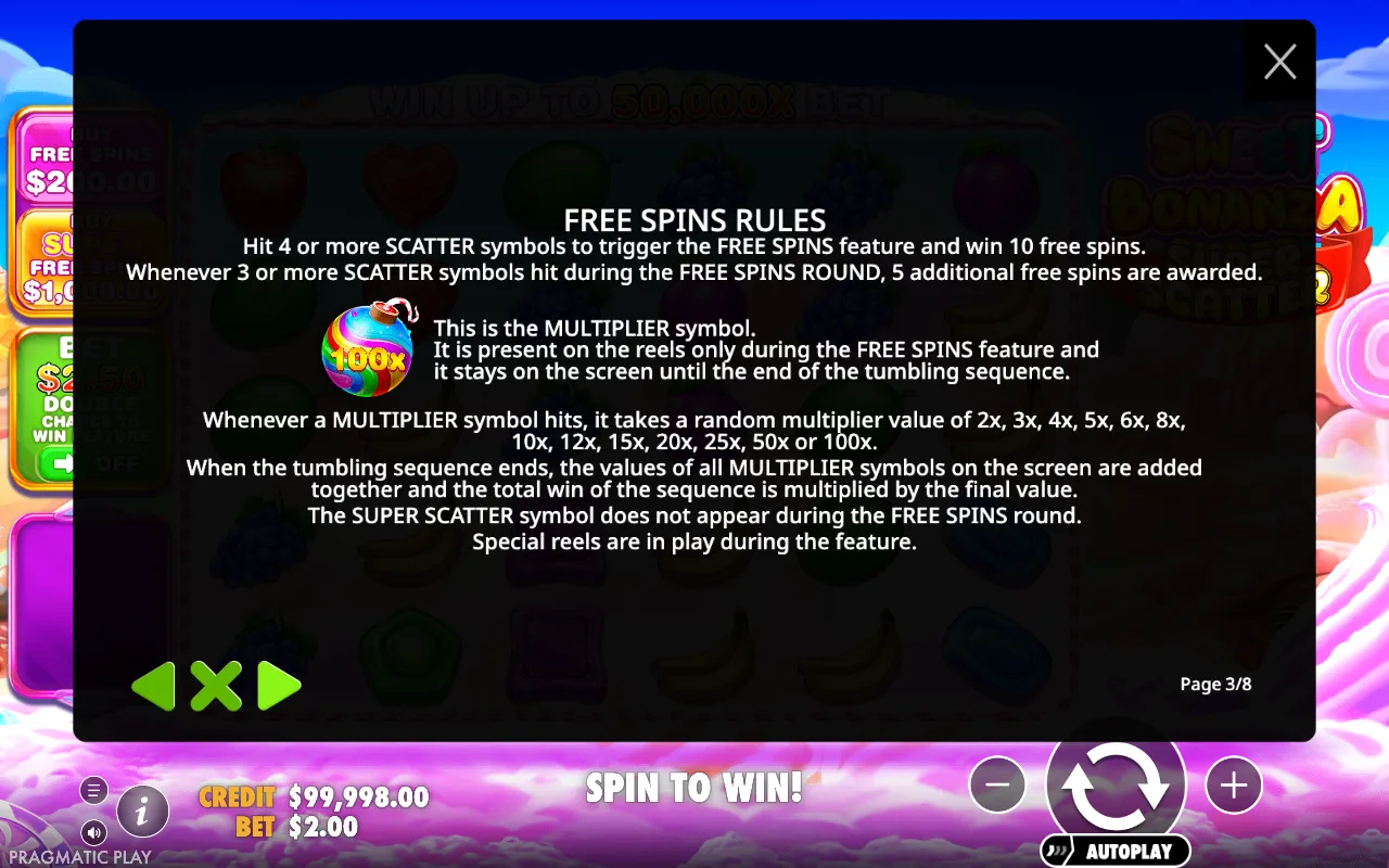 Free spins rules — Sweet Bonanza Super Scatter