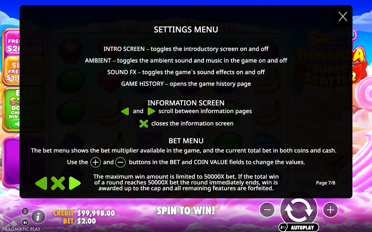 Settings menu — Sweet Bonanza Super Scatter