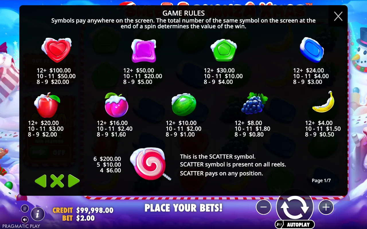 Game rules, page 1 — Sweet Bonanza Xmas