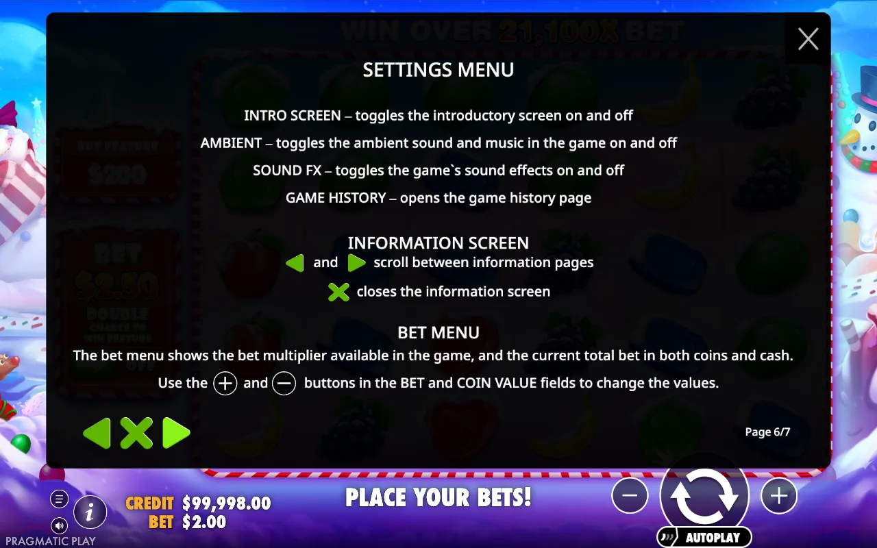 Settings menu — Sweet Bonanza Xmas
