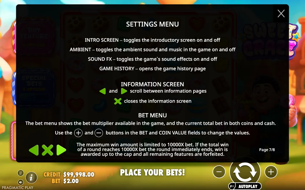 Settings menu — Sweet Craze