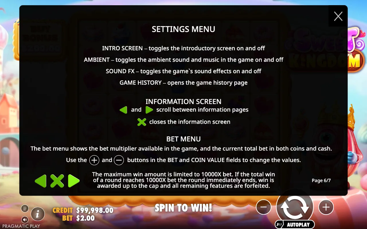 Settings menu — Sweet Kingdom