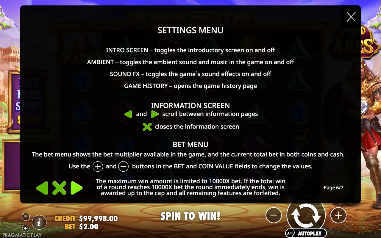 Settings menu — Sword of Ares