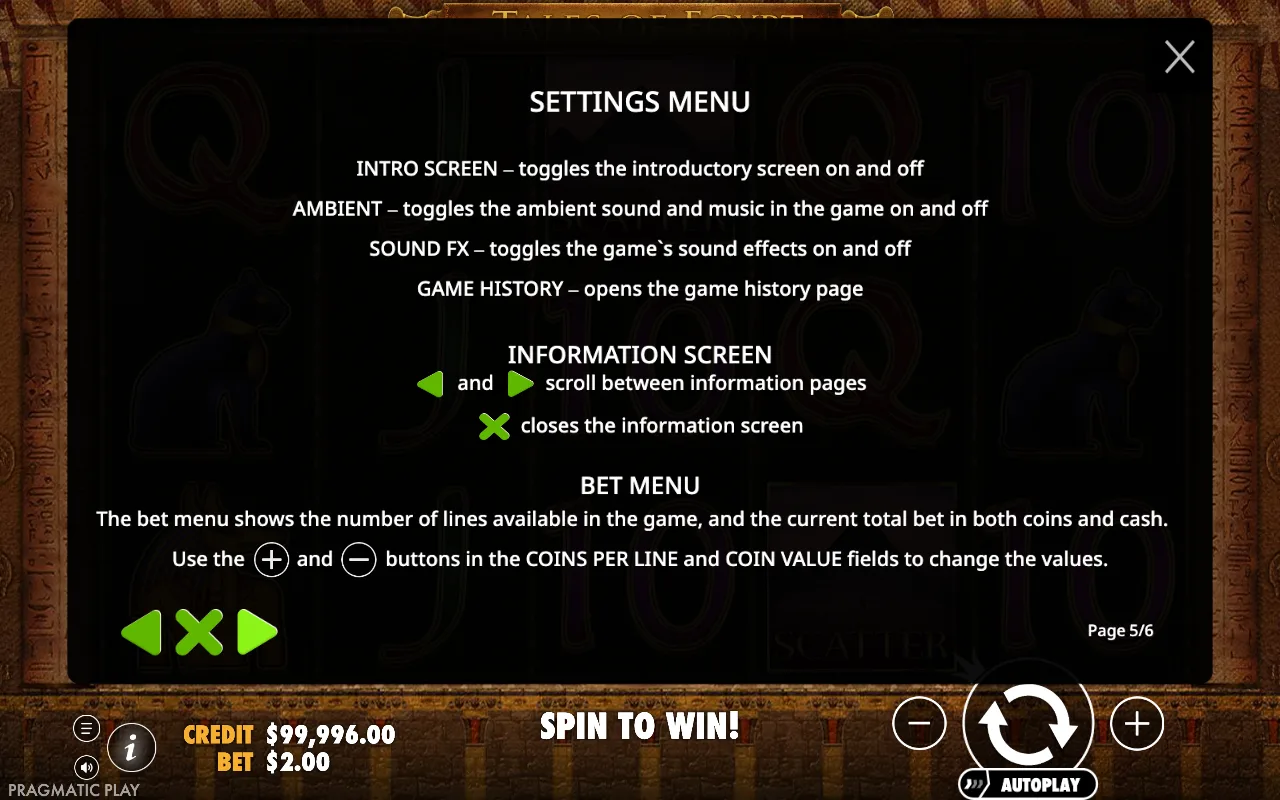 Settings menu — Tales of Egypt