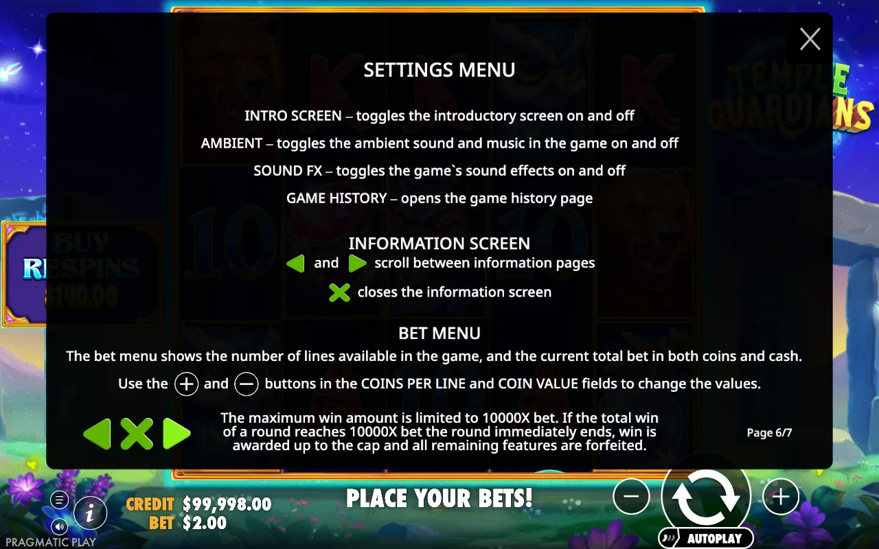 Settings menu — Temple Guardians