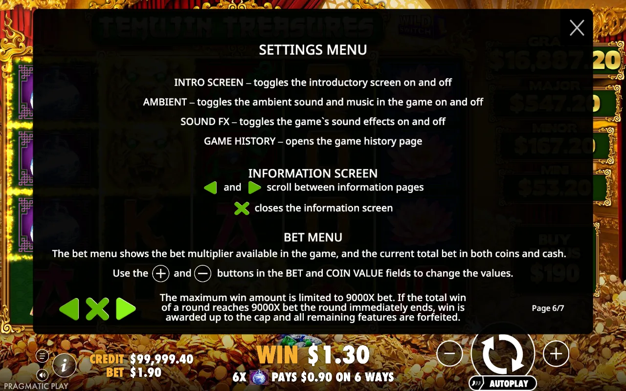 Settings menu — Temujin Treasures