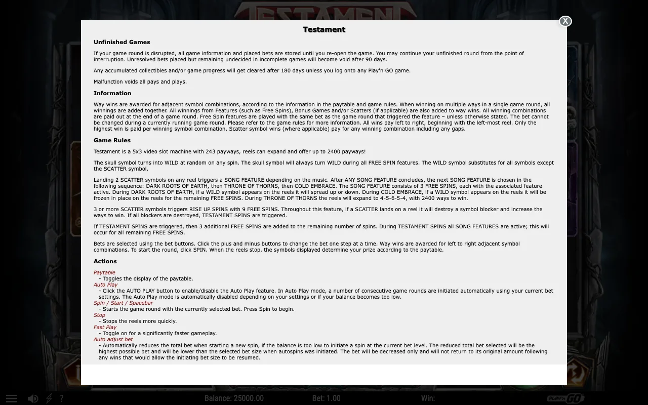 Game rules, page 1 — Testament
