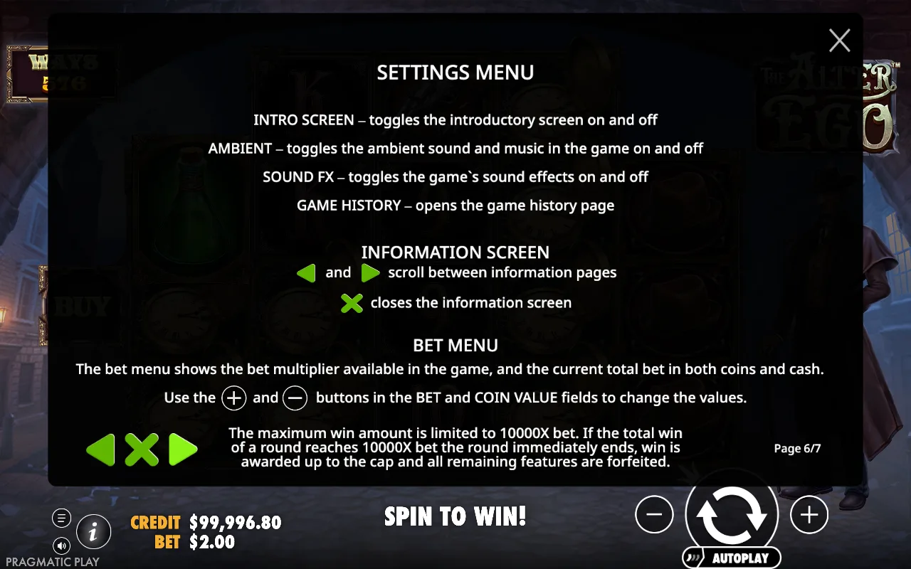 Settings menu — The Alter Ego