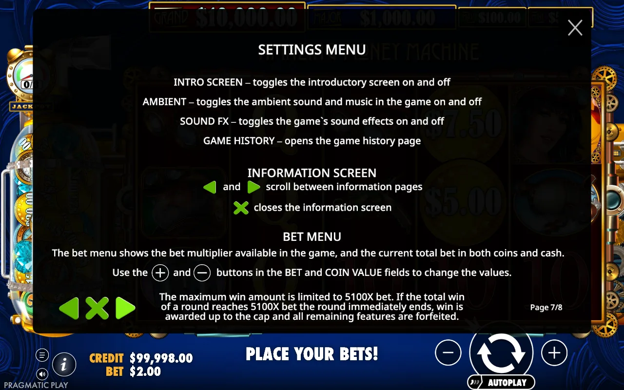 Settings menu — The Amazing Money Machine