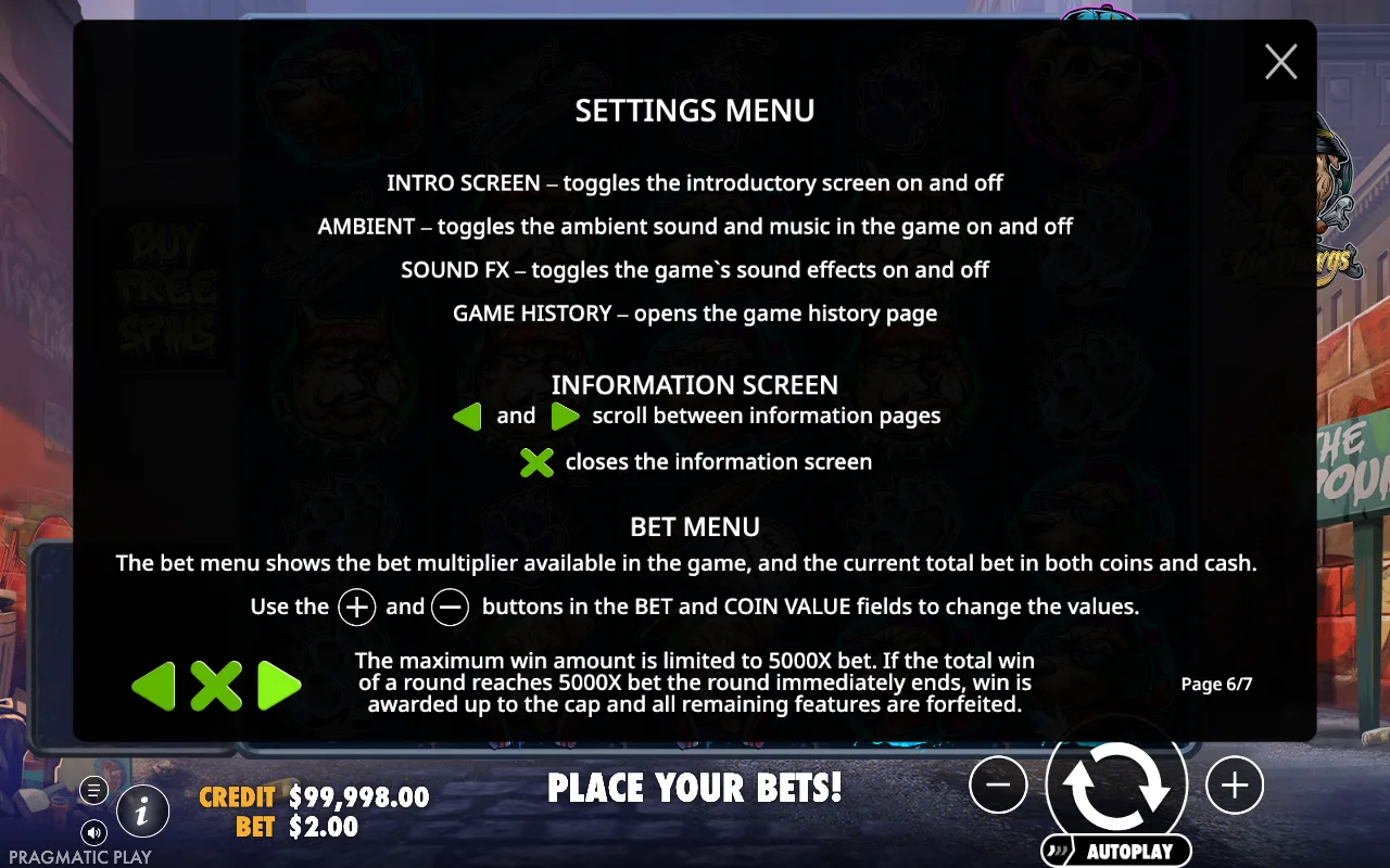 Settings menu — The Big Dawgs