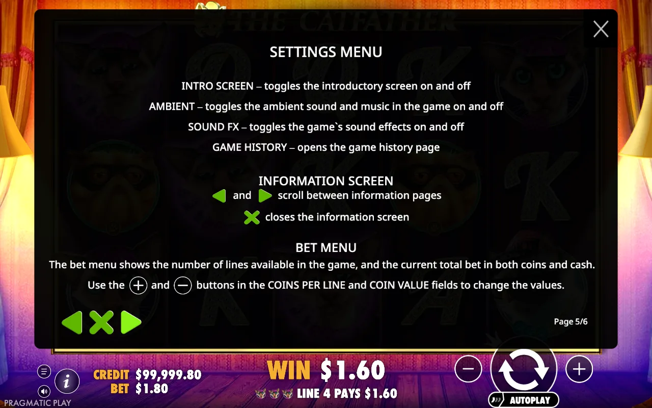 Settings menu — The Catfather