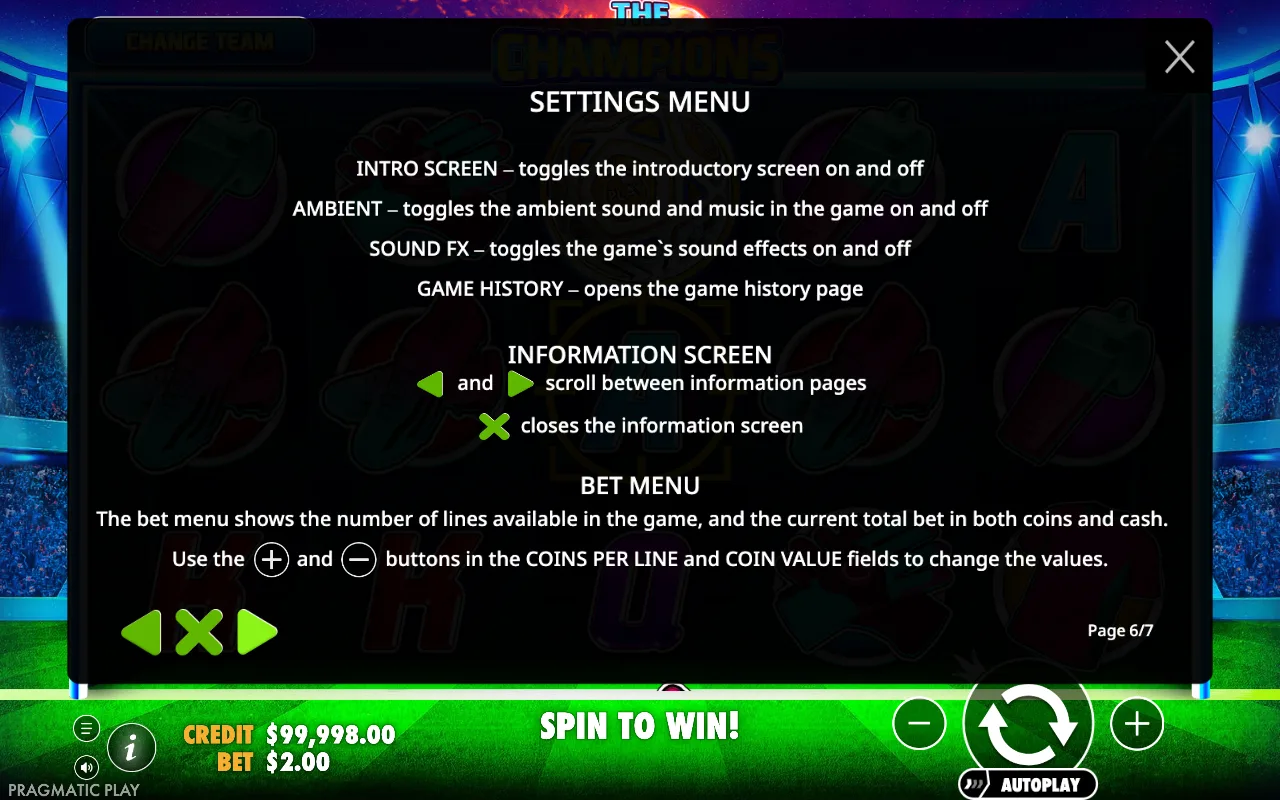 Settings menu — The Champions