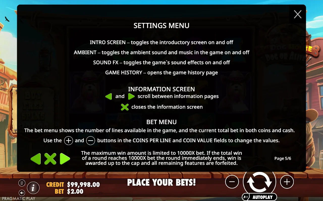 Settings menu — The Dog House — Dog or Alive
