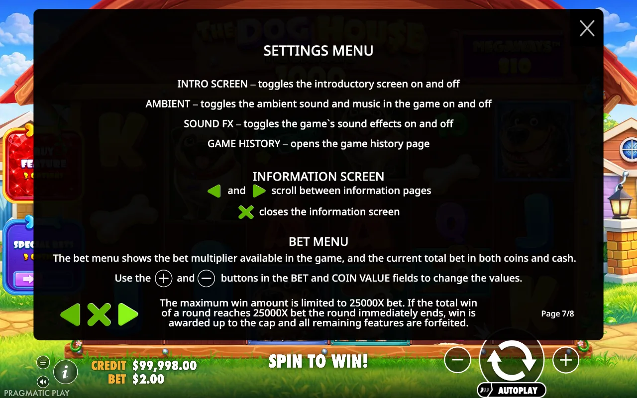 Settings menu — The Dog House Megaways 1000