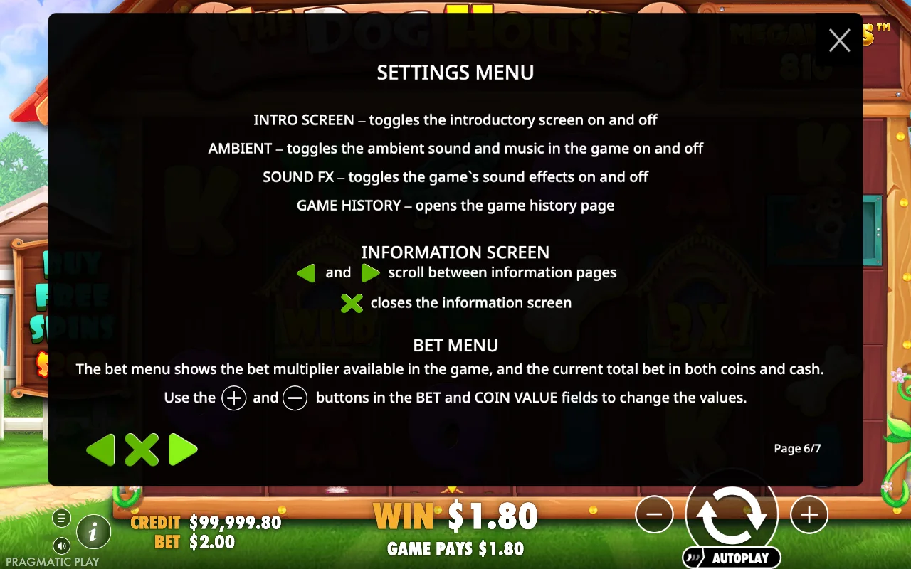 Settings menu — The Dog House Megaways