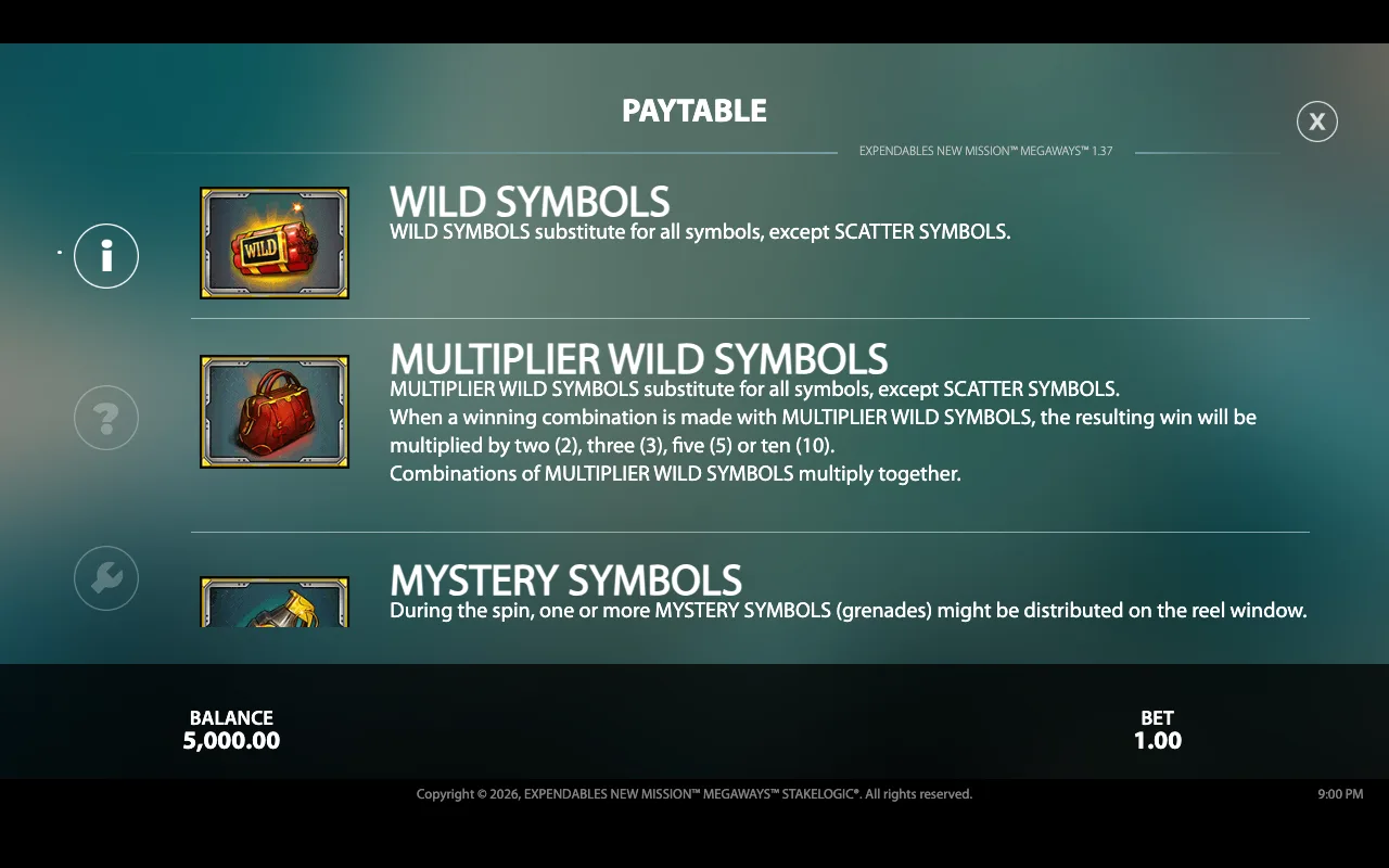 Paytable — The Expendables New Mission Megaways