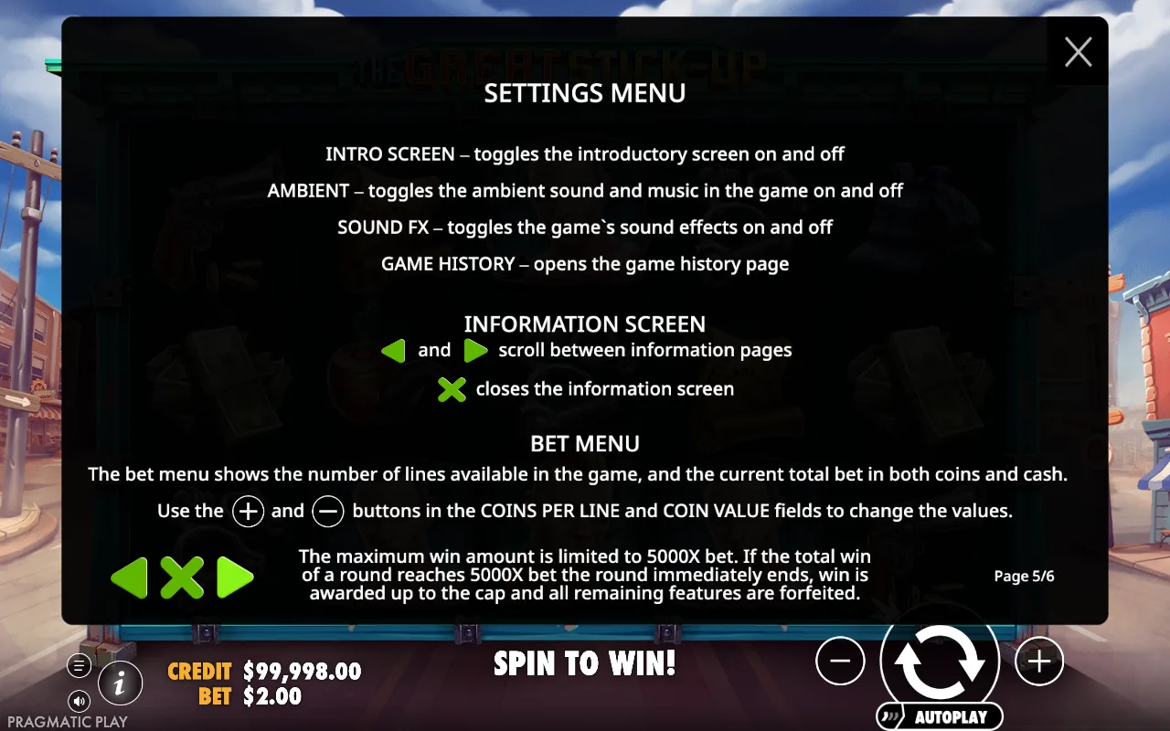 Settings menu — The Great Stick-Up