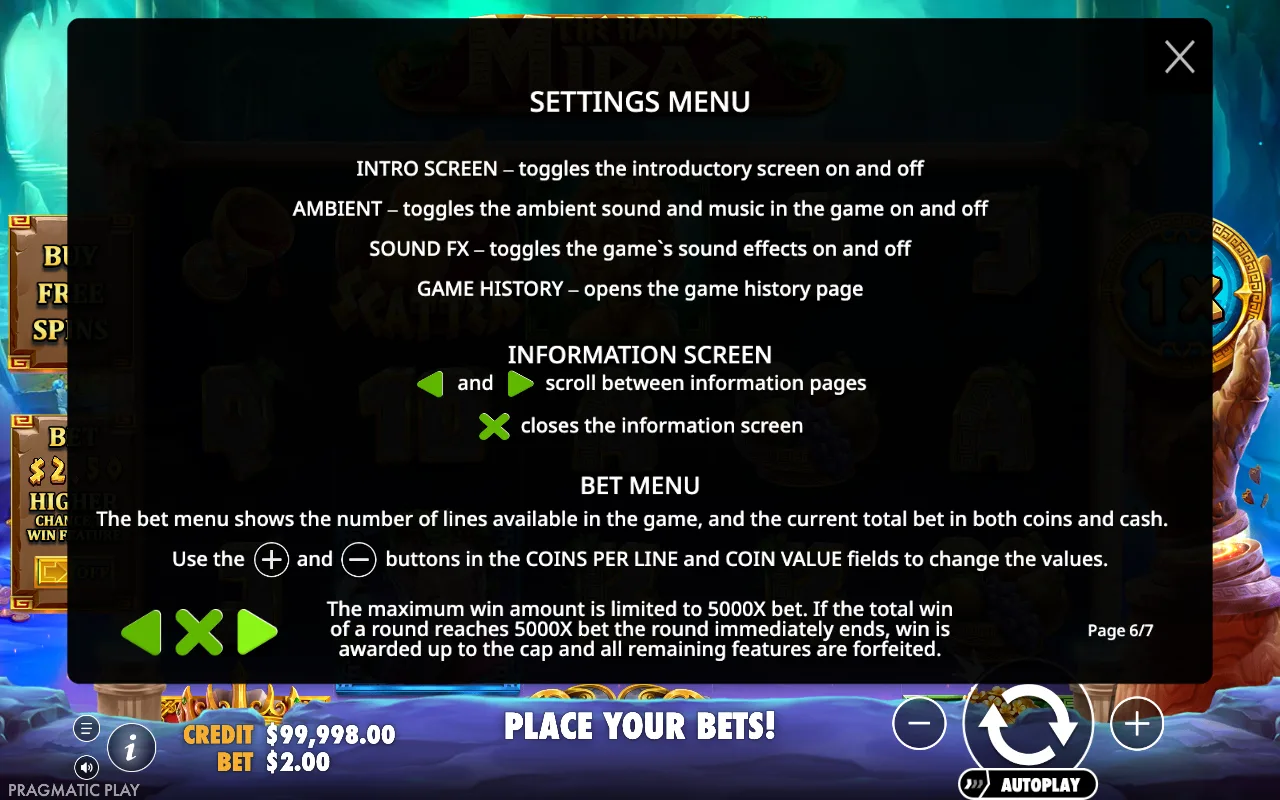 Settings menu — The Hand of Midas