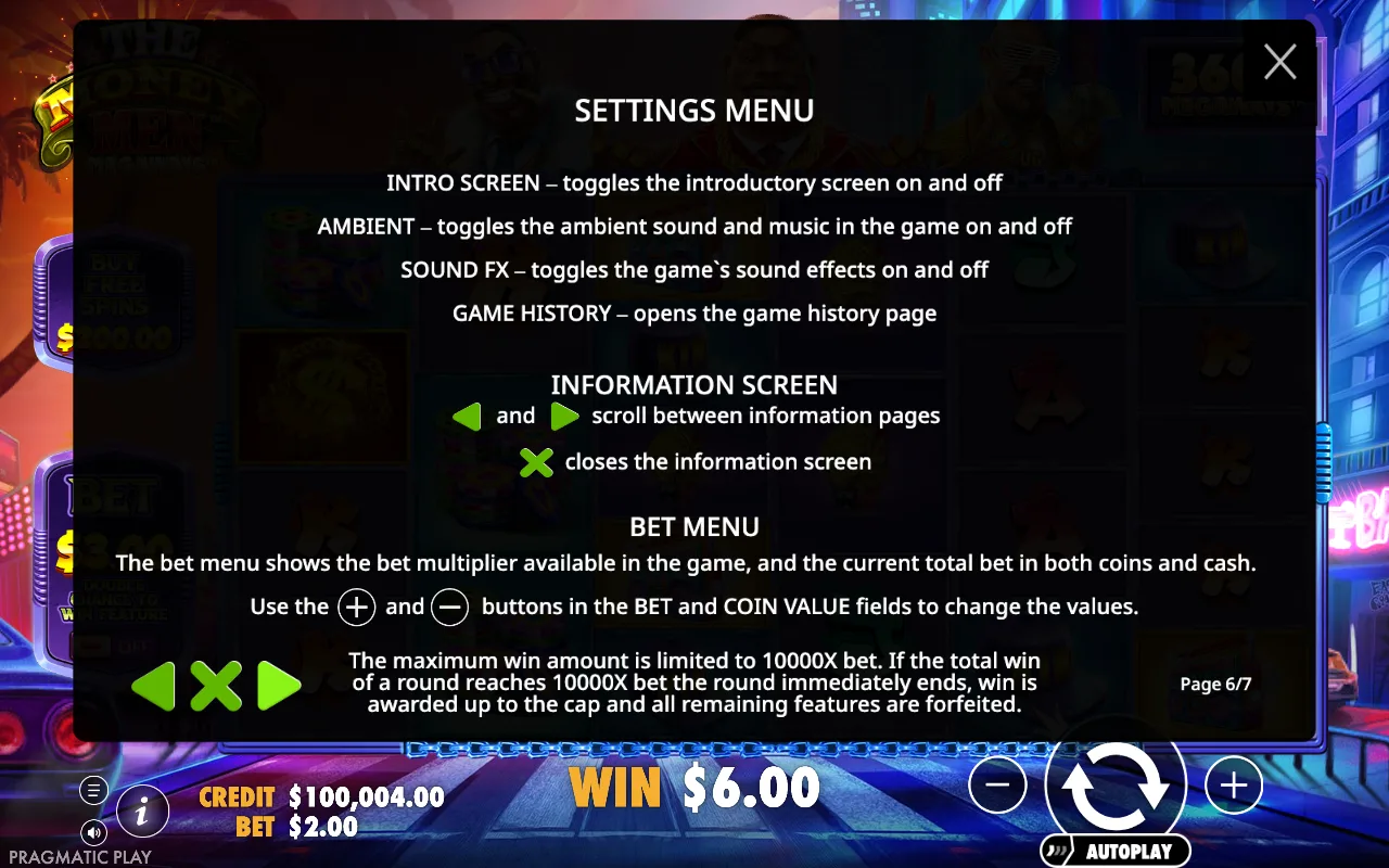 Settings menu — The Money Men Megaways