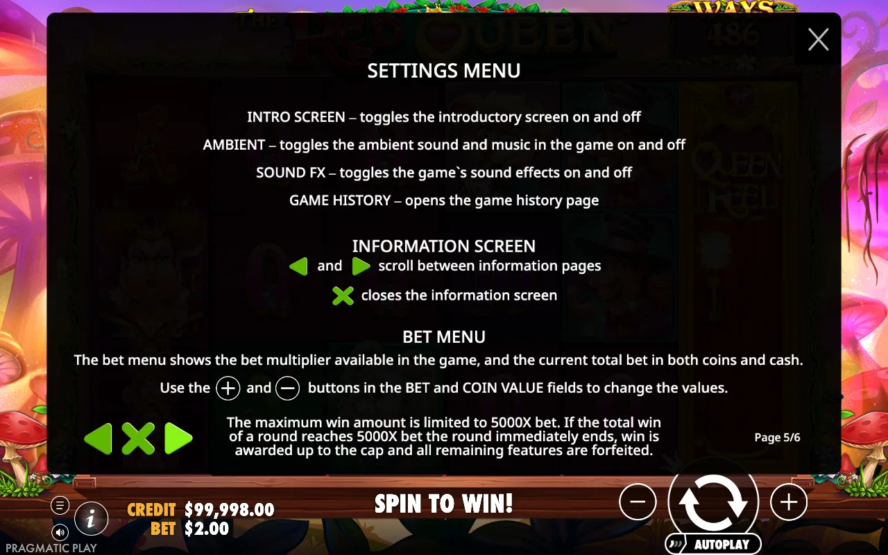 Settings menu — The Red Queen