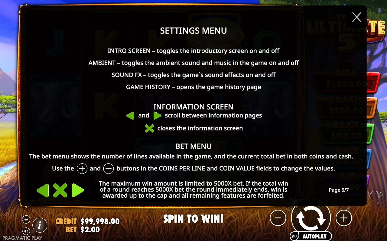 Settings menu — The Ultimate 5