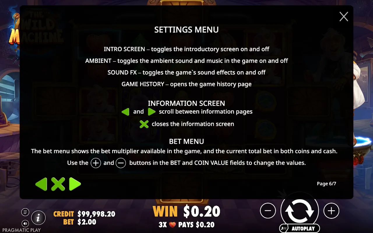 Settings menu — The Wild Machine