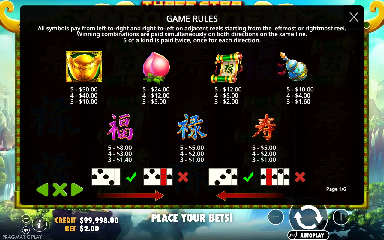 Game rules, page 1 — Three Star Fortune