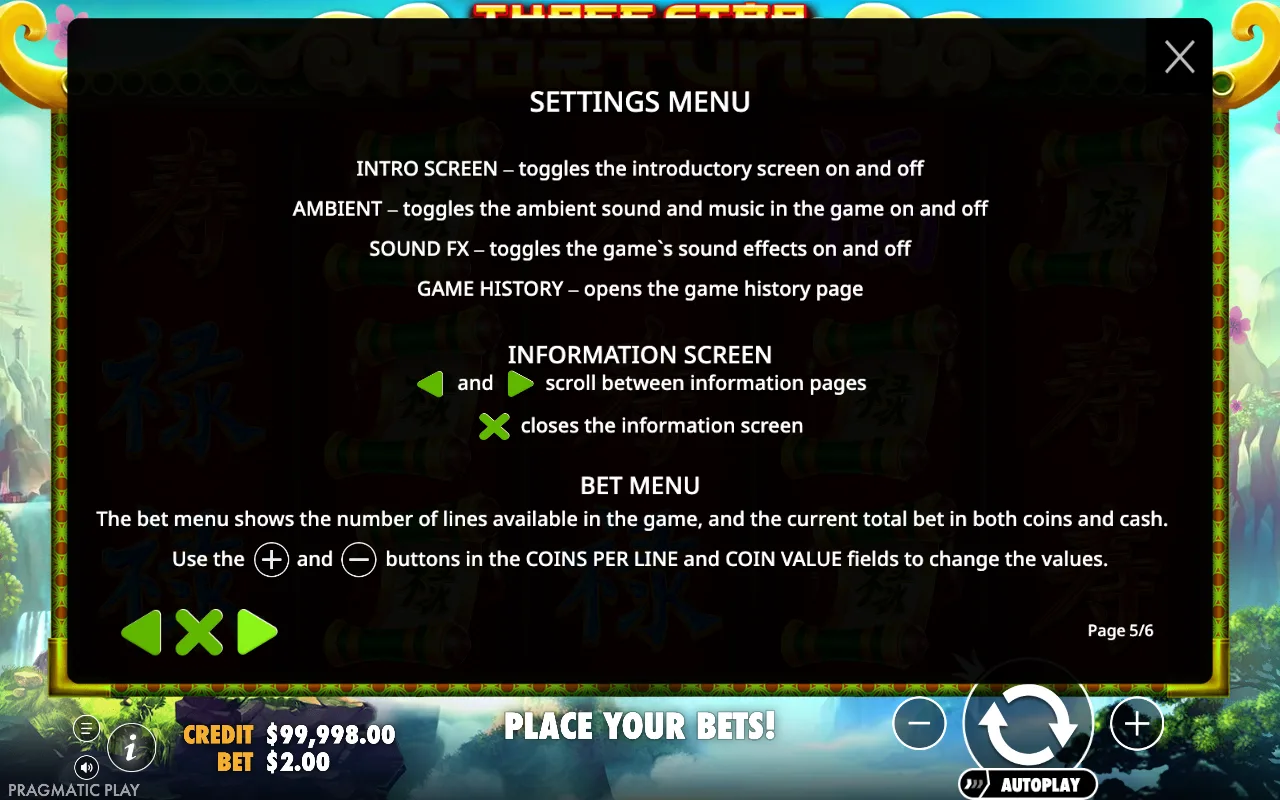 Settings menu — Three Star Fortune