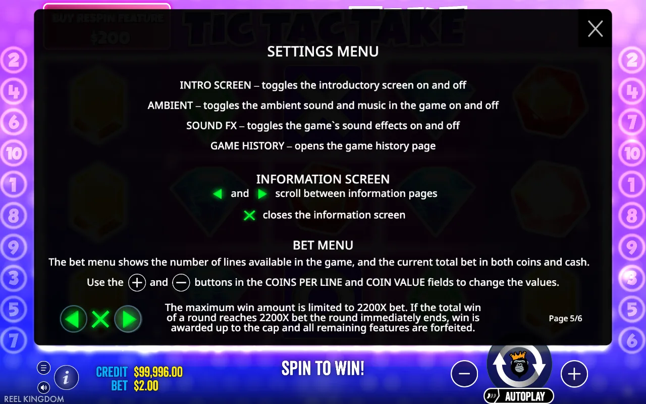 Settings menu — Tic Tac Take