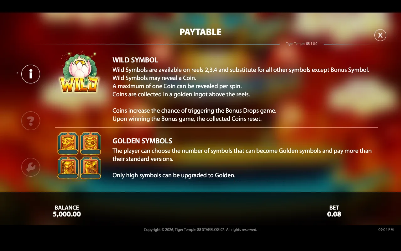 Paytable — Tiger Temple 88