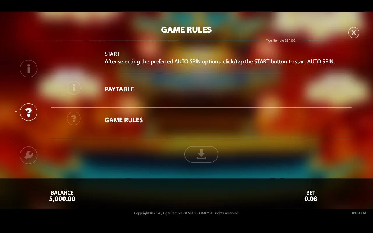 Paytable — Tiger Temple 88