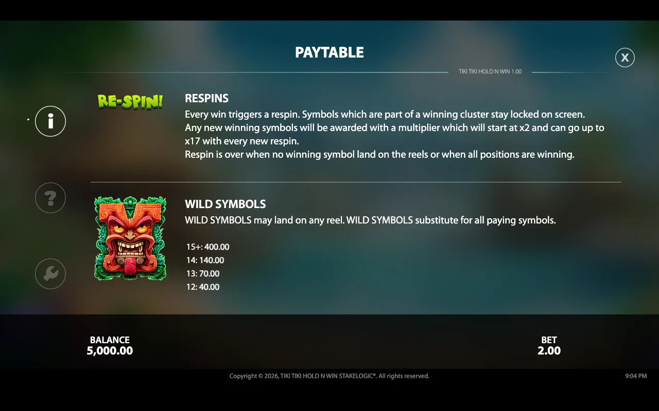 Paytable — Tiki Tiki Hold n Win