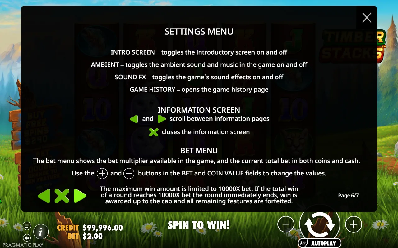 Settings menu — Timber Stacks