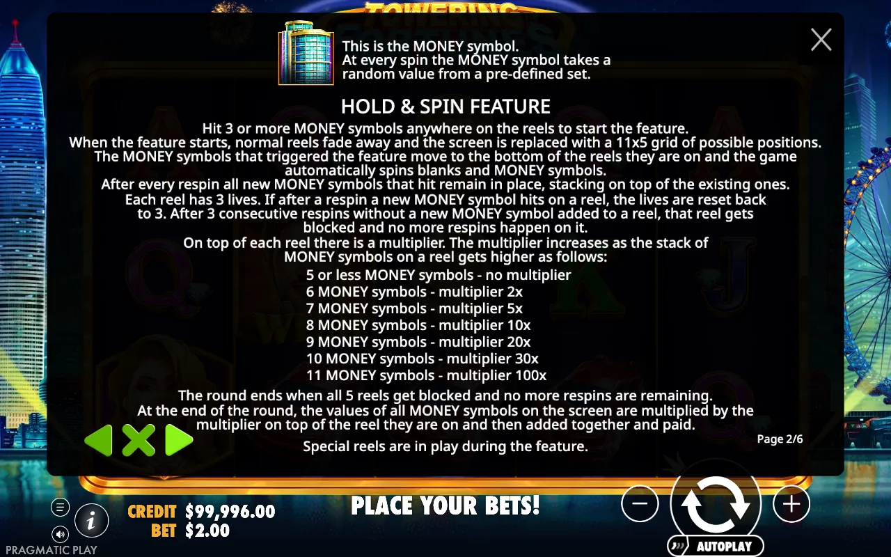 Hold & spin feature — Towering Fortunes