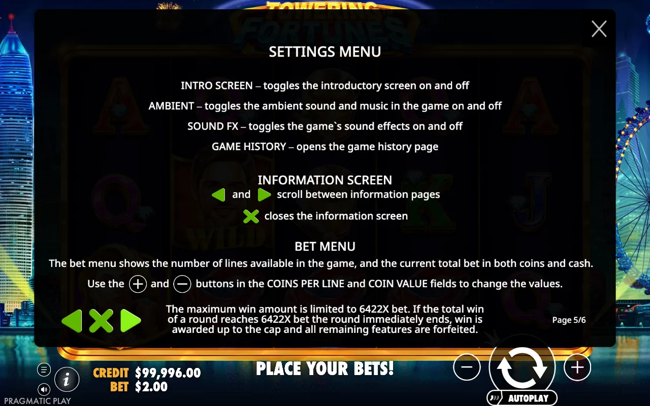 Settings menu — Towering Fortunes