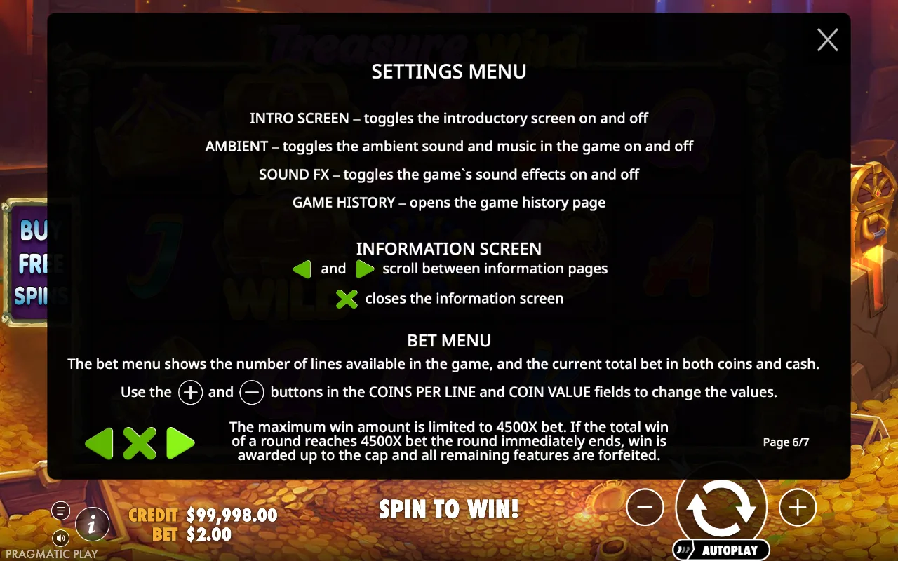 Settings menu — Treasure Wild