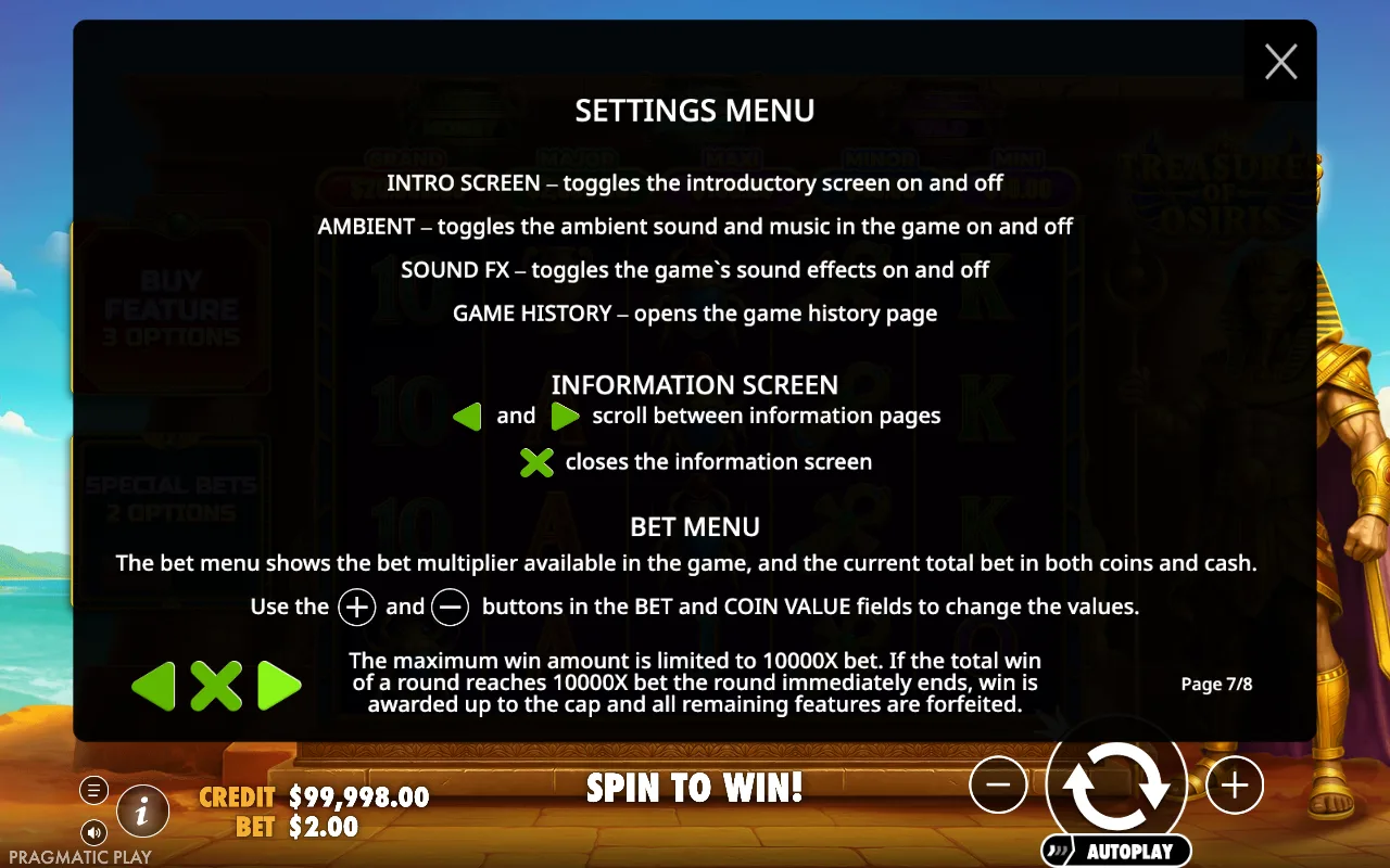 Settings menu — Treasures of Osiris