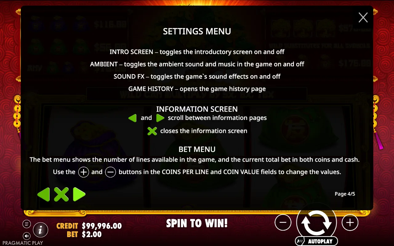 Settings menu — Tree of Riches