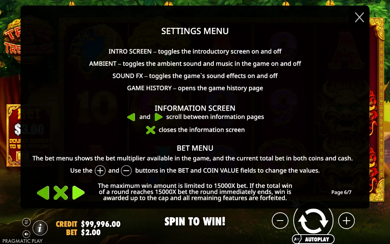 Settings menu — Trees of Treasure
