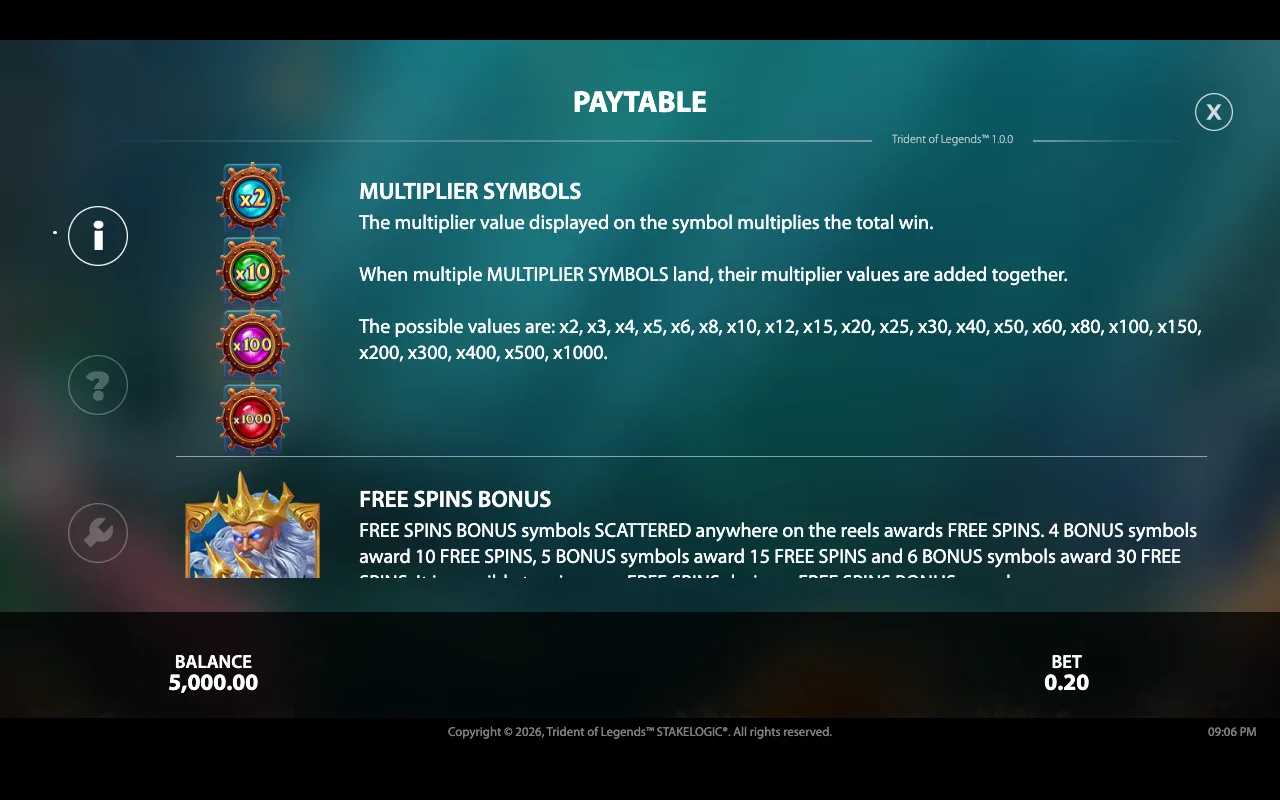 Paytable — Trident of Legends