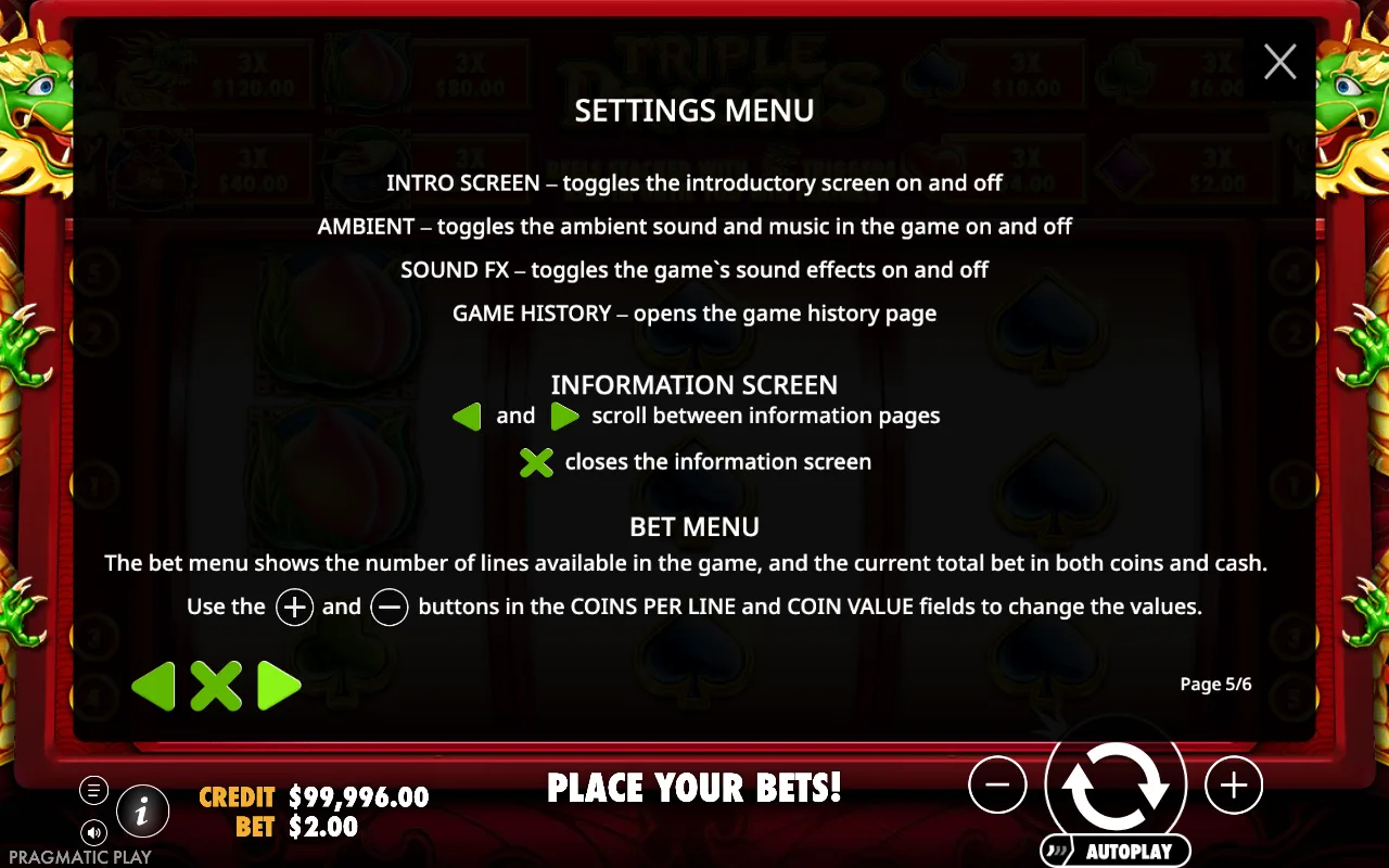 Settings menu — Triple Dragons