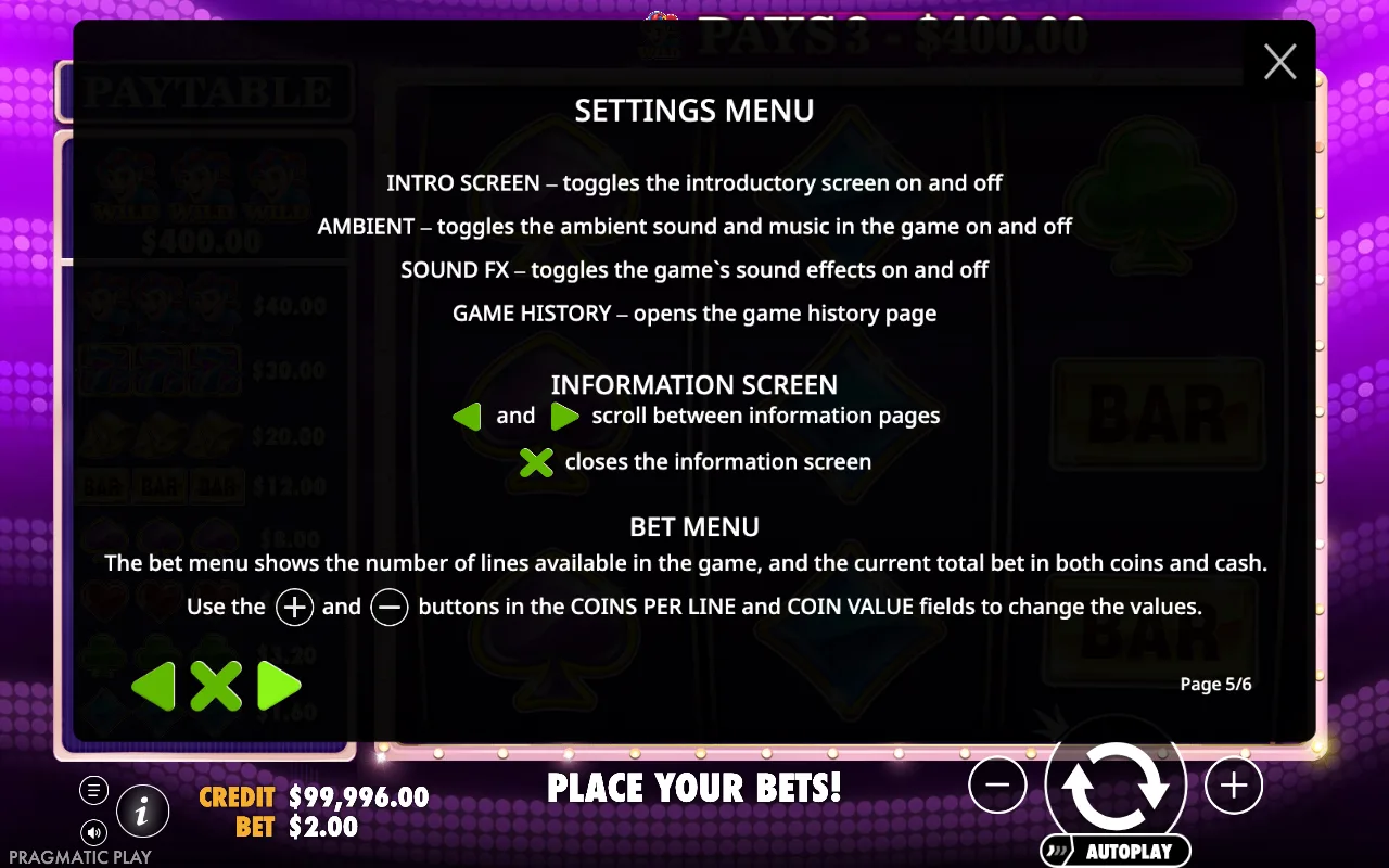 Settings menu — Triple Jokers