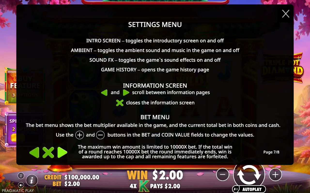 Settings menu — Triple Pot Diamond