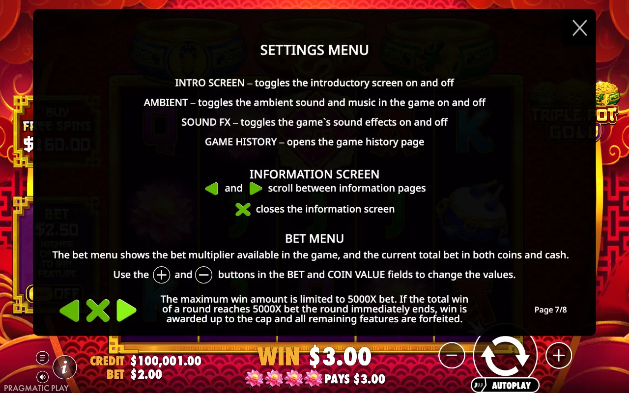 Settings menu — Triple Pot Gold