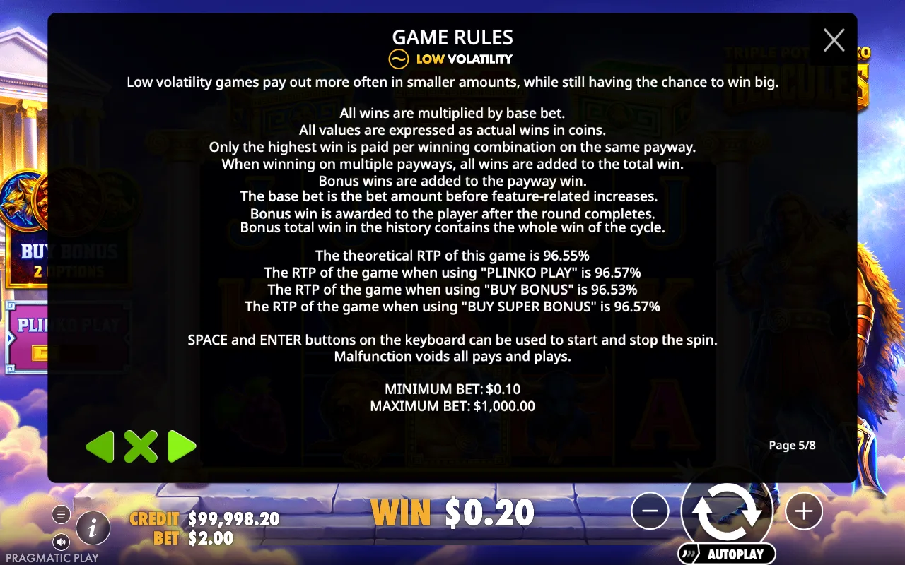 Game rules, page 5 — Triple Pot Plinko - Hercules