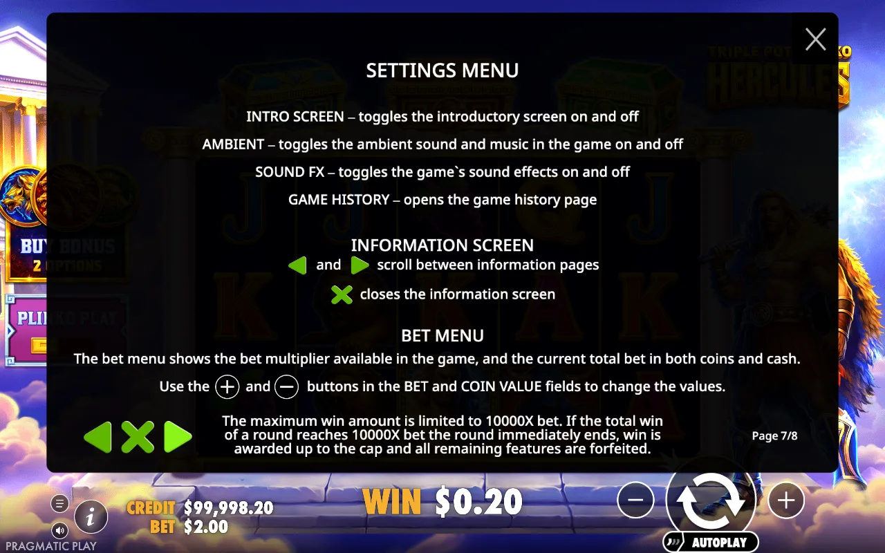 Settings menu — Triple Pot Plinko - Hercules