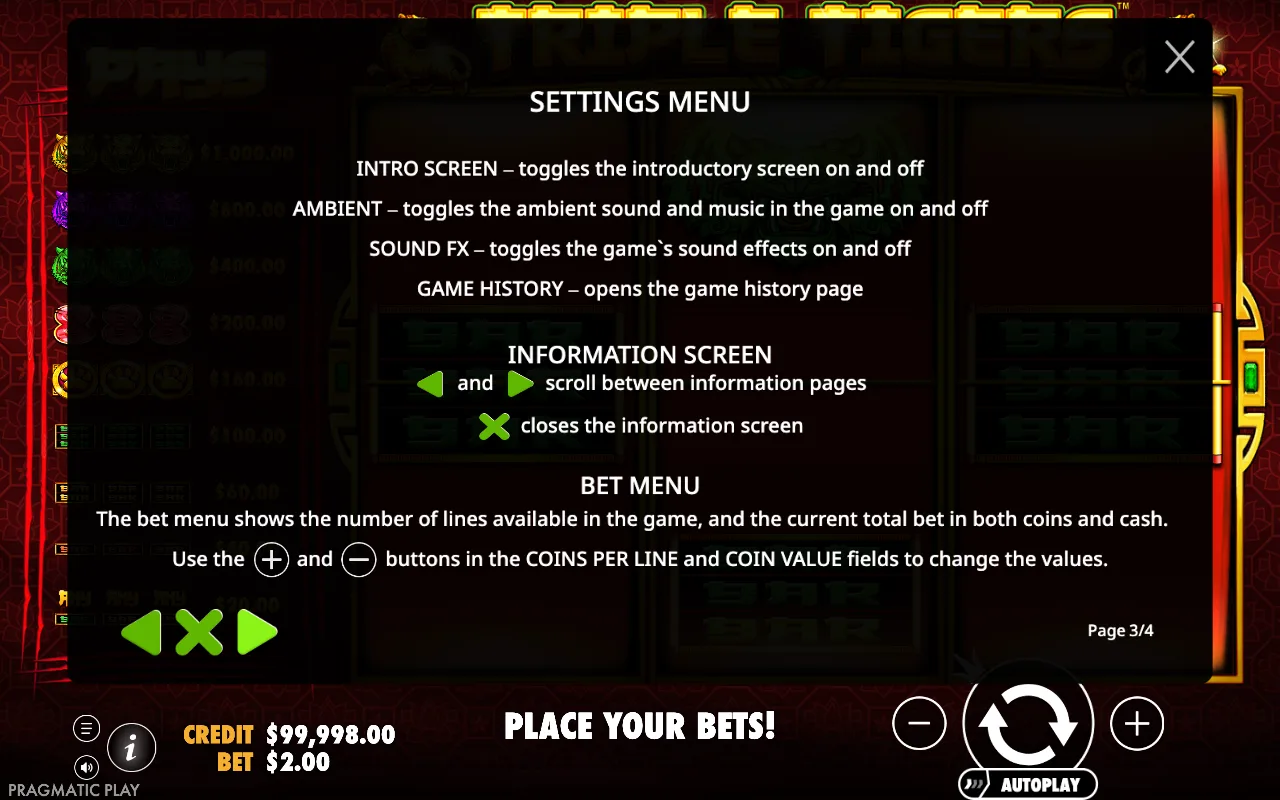 Settings menu — Triple Tigers